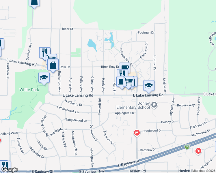 map of restaurants, bars, coffee shops, grocery stores, and more near 6034 Hardy Avenue in East Lansing