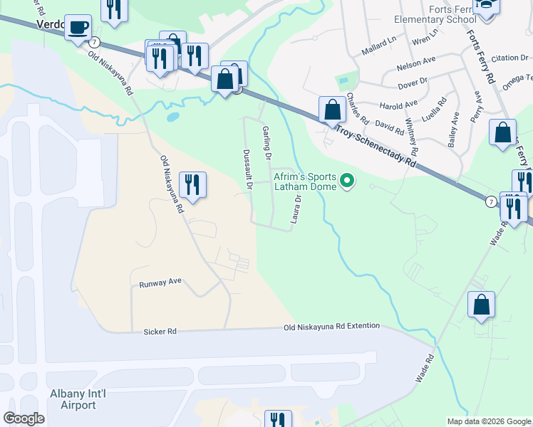 map of restaurants, bars, coffee shops, grocery stores, and more near 31 Garling Dr in Latham