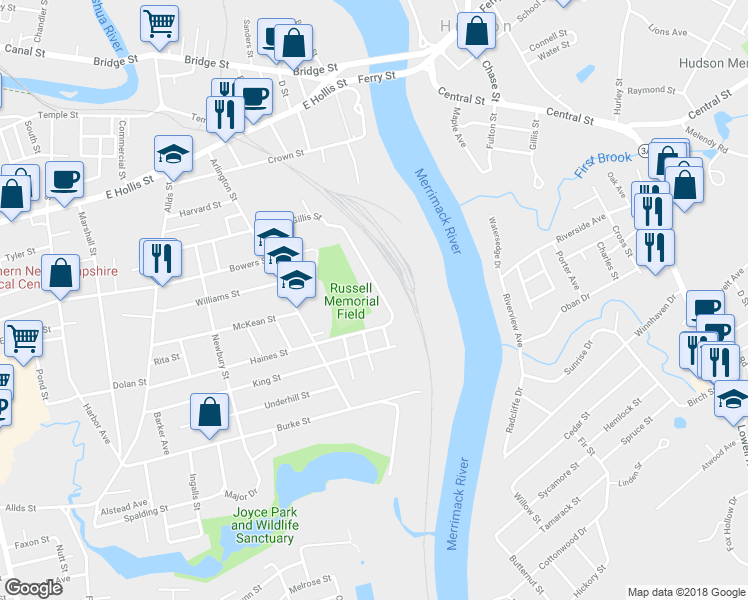 map of restaurants, bars, coffee shops, grocery stores, and more near 85 Gillis Street in Nashua