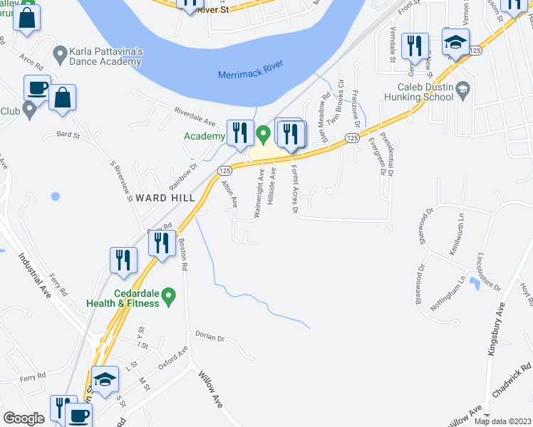 map of restaurants, bars, coffee shops, grocery stores, and more near 29 Hillside Avenue in Haverhill
