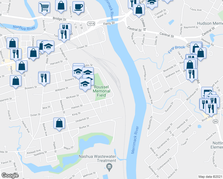 map of restaurants, bars, coffee shops, grocery stores, and more near 88 Gillis Street in Nashua