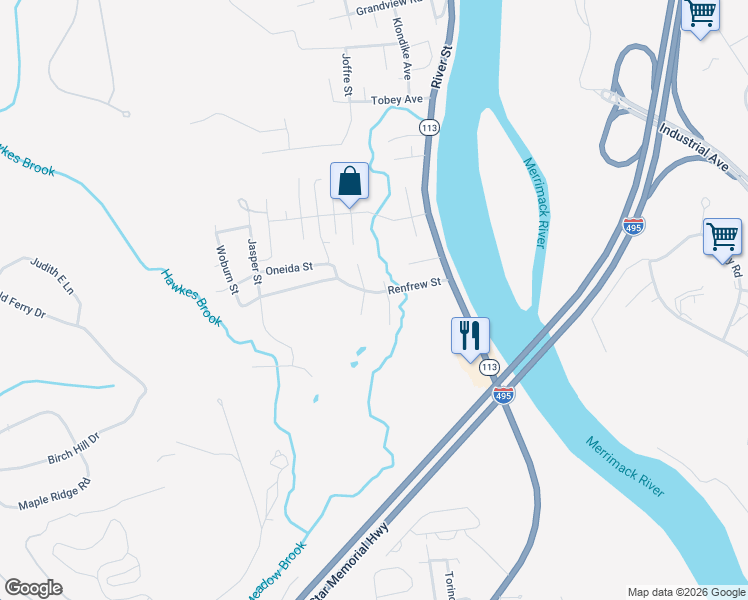 map of restaurants, bars, coffee shops, grocery stores, and more near 30 Renfrew Street in Methuen