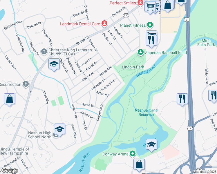 map of restaurants, bars, coffee shops, grocery stores, and more near 10 Iroquois Road in Nashua
