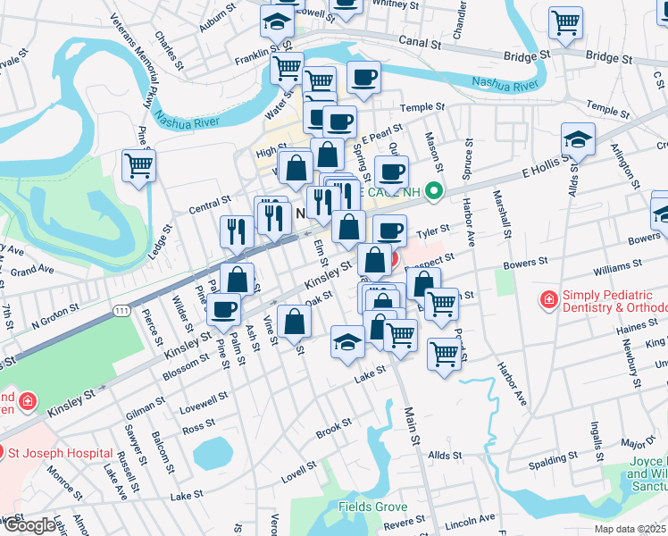 map of restaurants, bars, coffee shops, grocery stores, and more near 6 1/2 Kinsley Street in Nashua
