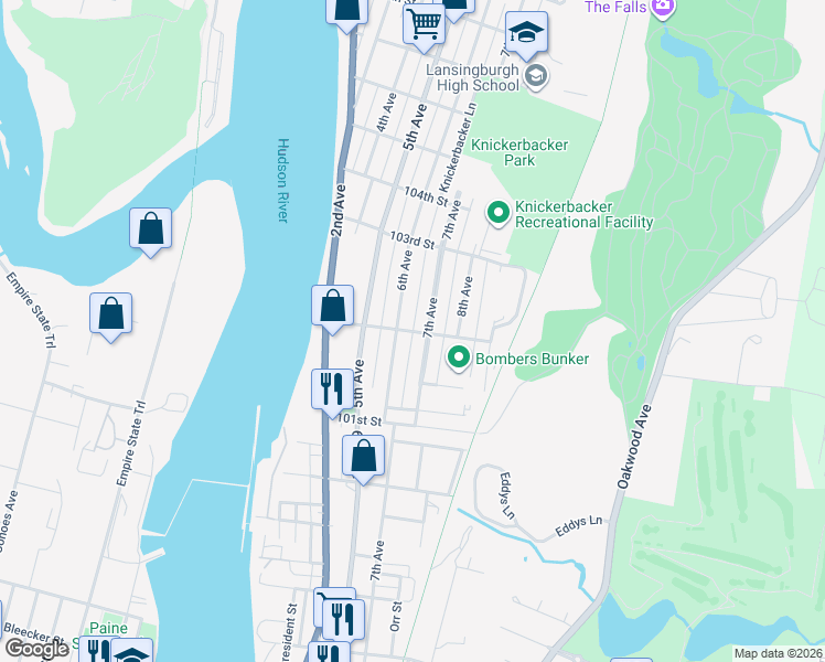 map of restaurants, bars, coffee shops, grocery stores, and more near 28 102nd Street in Troy
