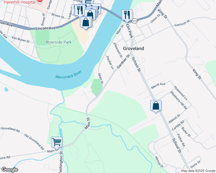 map of restaurants, bars, coffee shops, grocery stores, and more near 120 Gardner Street in Groveland