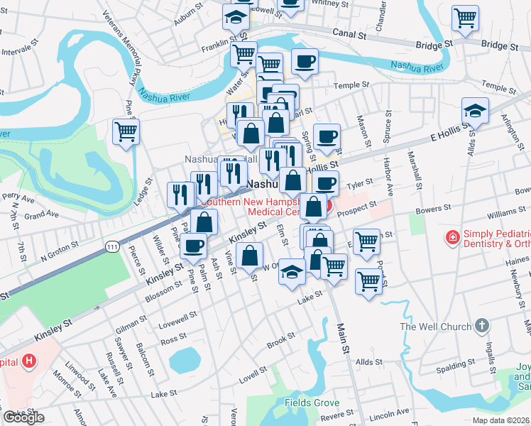 map of restaurants, bars, coffee shops, grocery stores, and more near in Nashua