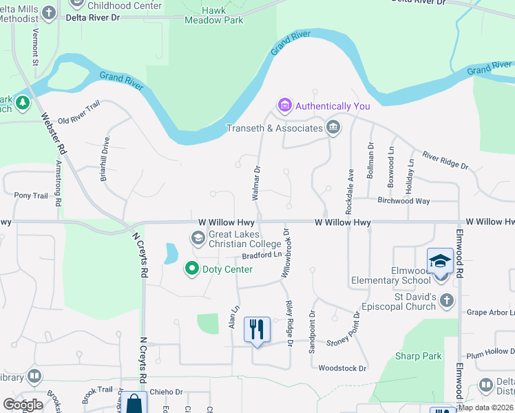map of restaurants, bars, coffee shops, grocery stores, and more near 2014 Walmar Drive in Lansing