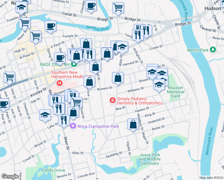map of restaurants, bars, coffee shops, grocery stores, and more near 73 1/2 Bowers Street in Nashua