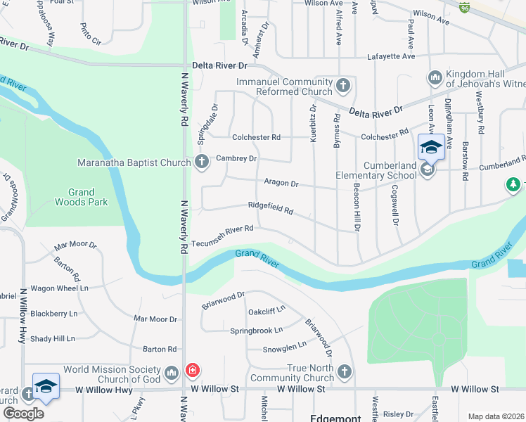 map of restaurants, bars, coffee shops, grocery stores, and more near 3514 Tecumseh River Road in Lansing