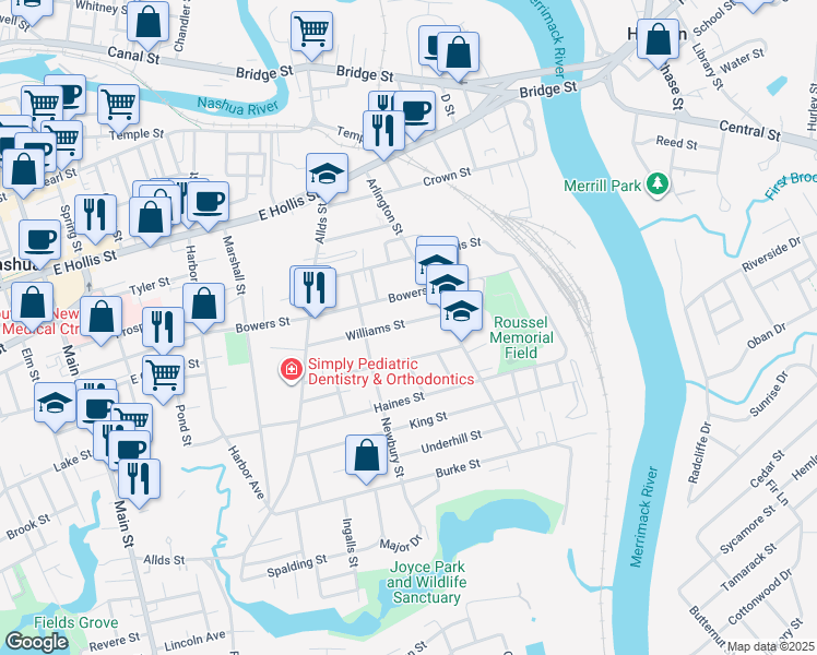 map of restaurants, bars, coffee shops, grocery stores, and more near 50 McKean Street in Nashua