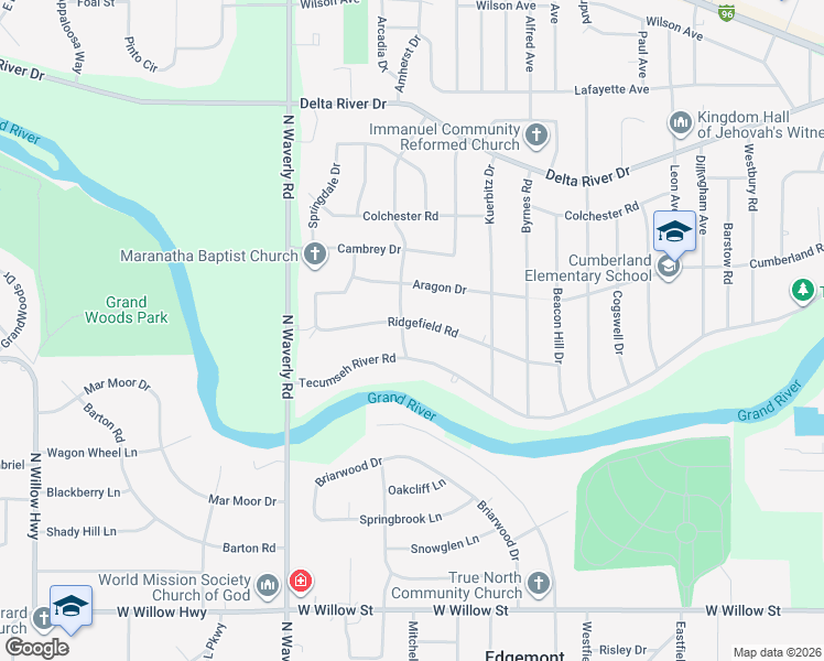 map of restaurants, bars, coffee shops, grocery stores, and more near 3514 Tecumseh River Road in Lansing