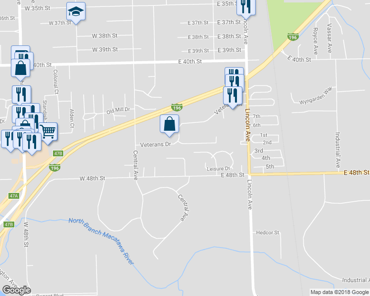 map of restaurants, bars, coffee shops, grocery stores, and more near 76 Veterans Drive in Holland