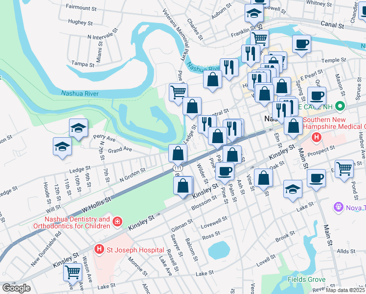 map of restaurants, bars, coffee shops, grocery stores, and more near 50 Ledge Street in Nashua