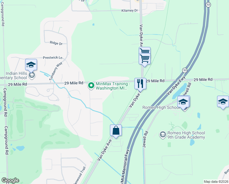 map of restaurants, bars, coffee shops, grocery stores, and more near 11360 29 Mile Road in Washington