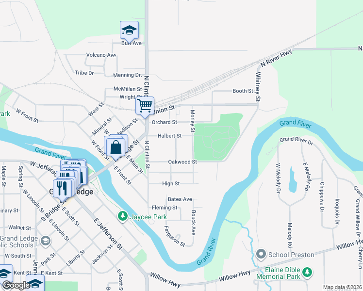 map of restaurants, bars, coffee shops, grocery stores, and more near 412 Burch Street in Grand Ledge