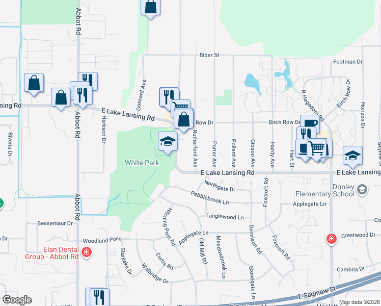 map of restaurants, bars, coffee shops, grocery stores, and more near 6021 Rutherford Avenue in East Lansing