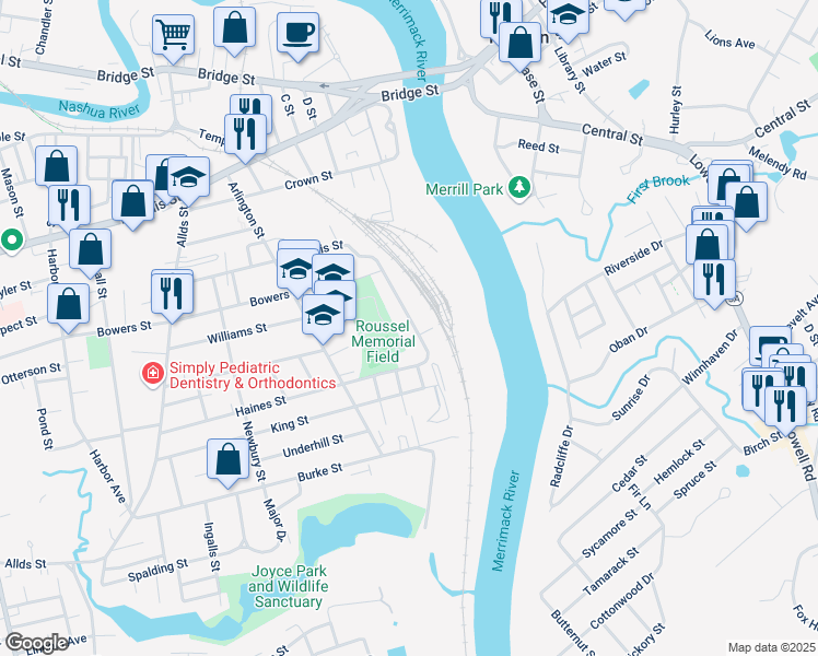 map of restaurants, bars, coffee shops, grocery stores, and more near 88 Gillis Street in Nashua