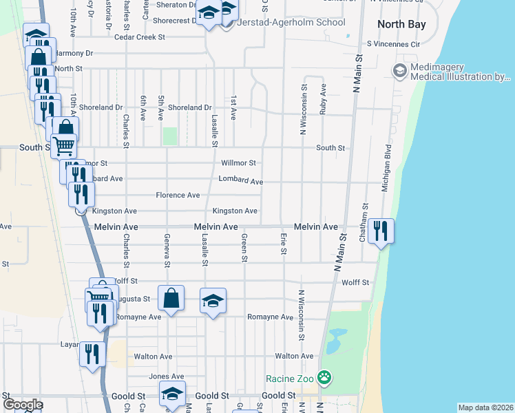 map of restaurants, bars, coffee shops, grocery stores, and more near 707 Kingston Avenue in Racine