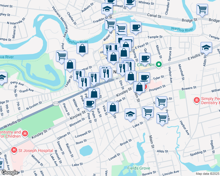 map of restaurants, bars, coffee shops, grocery stores, and more near 93 Walnut Street in Nashua