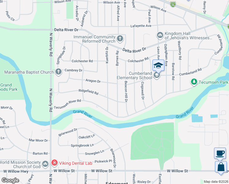 map of restaurants, bars, coffee shops, grocery stores, and more near 2015 Byrnes Road in Lansing