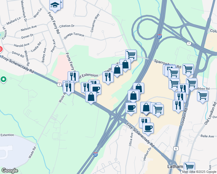 map of restaurants, bars, coffee shops, grocery stores, and more near 675 Troy Schenectady Road in Latham
