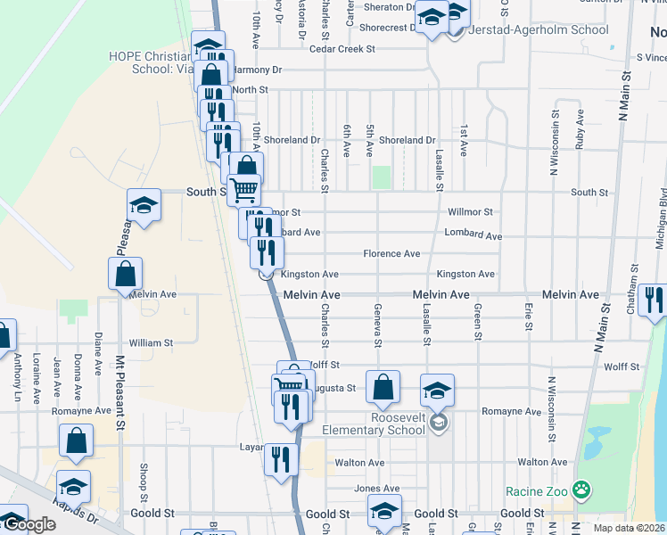 map of restaurants, bars, coffee shops, grocery stores, and more near 1315 Kingston Avenue in Racine