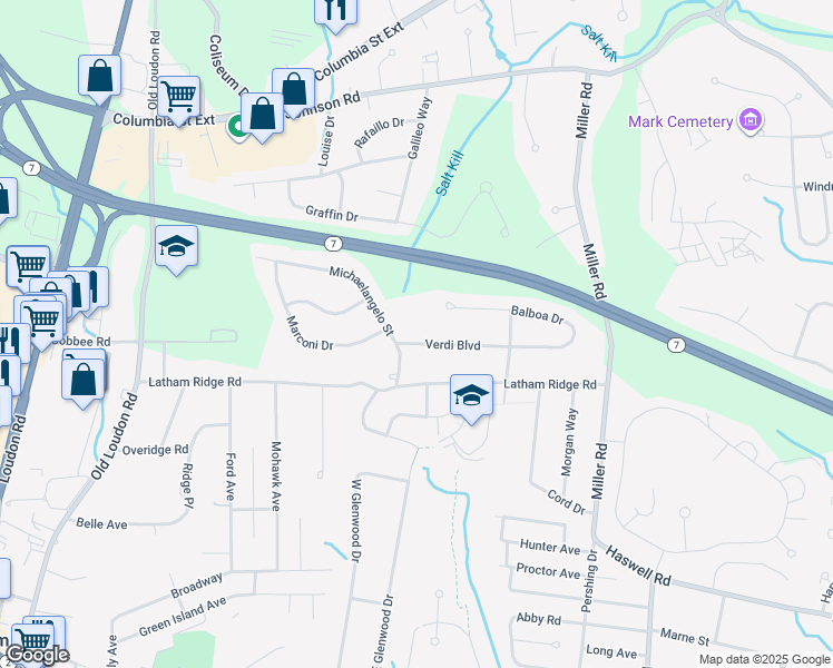 map of restaurants, bars, coffee shops, grocery stores, and more near 7 Verdi Boulevard in Latham