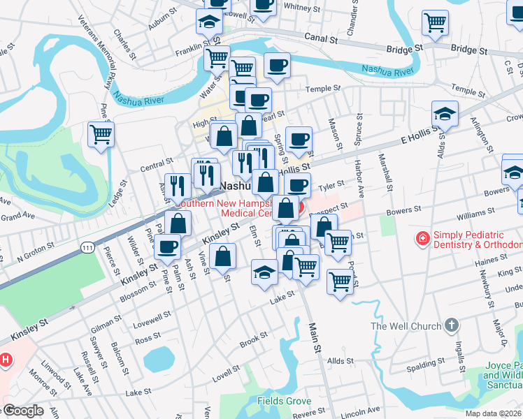map of restaurants, bars, coffee shops, grocery stores, and more near 1 Kinsley Street in Nashua