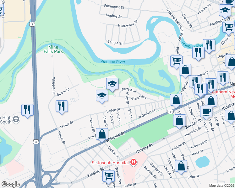 map of restaurants, bars, coffee shops, grocery stores, and more near 139 Ledge Street in Nashua