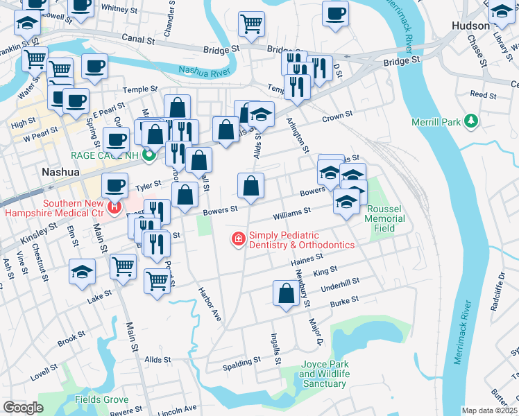 map of restaurants, bars, coffee shops, grocery stores, and more near 12 Williams Street in Nashua