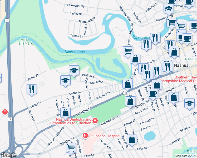 map of restaurants, bars, coffee shops, grocery stores, and more near 14 Grand Avenue in Nashua