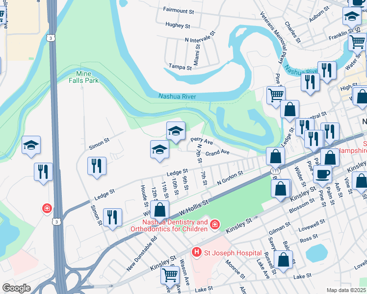 map of restaurants, bars, coffee shops, grocery stores, and more near 139 Ledge Street in Nashua