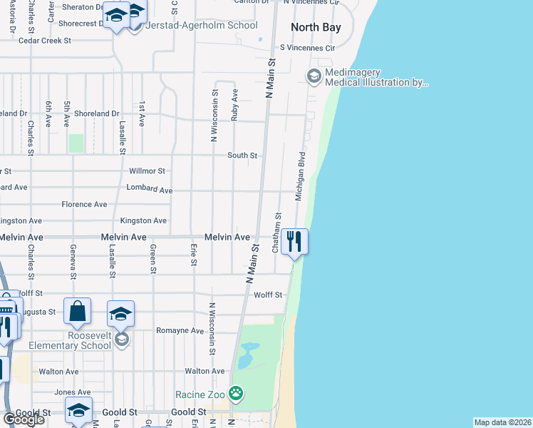 map of restaurants, bars, coffee shops, grocery stores, and more near 3015 North Main Street in Racine