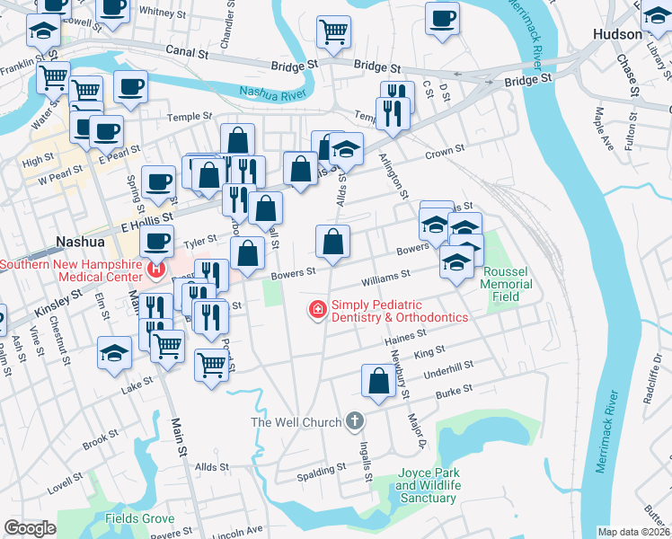 map of restaurants, bars, coffee shops, grocery stores, and more near in Nashua