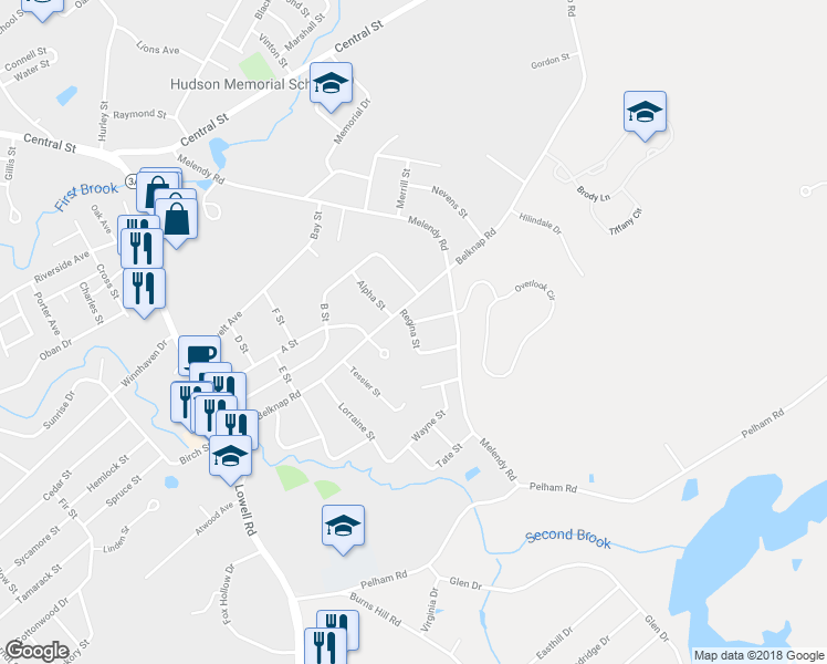 map of restaurants, bars, coffee shops, grocery stores, and more near Regina Street in Hudson