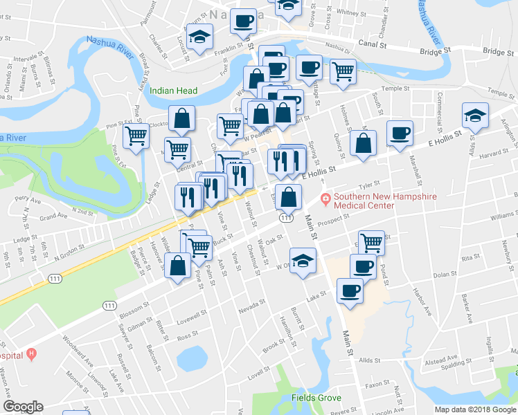 map of restaurants, bars, coffee shops, grocery stores, and more near 25 Beech Street in Nashua