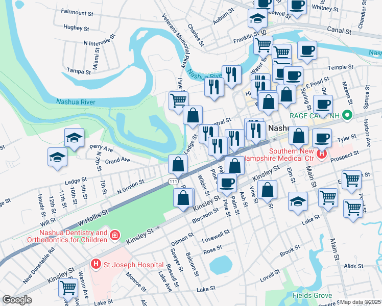 map of restaurants, bars, coffee shops, grocery stores, and more near 5 Everett Street in Nashua