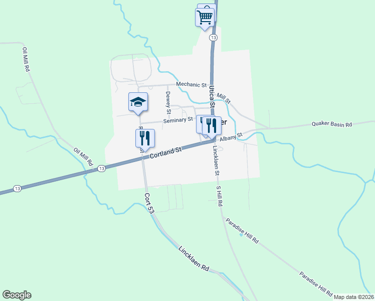 map of restaurants, bars, coffee shops, grocery stores, and more near 1654 Cortland Street in DeRuyter