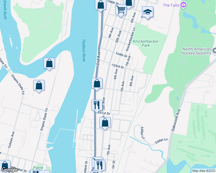 map of restaurants, bars, coffee shops, grocery stores, and more near 101 6th Avenue in Troy
