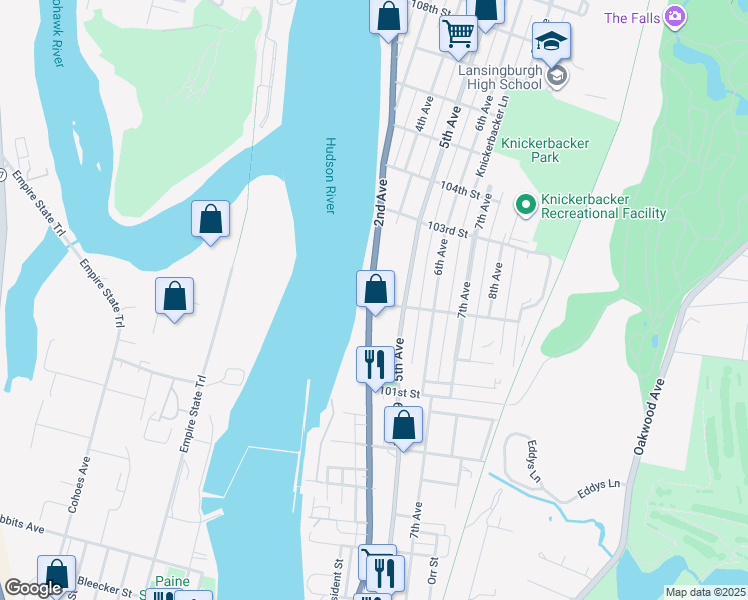 map of restaurants, bars, coffee shops, grocery stores, and more near 87 2nd Avenue in Troy