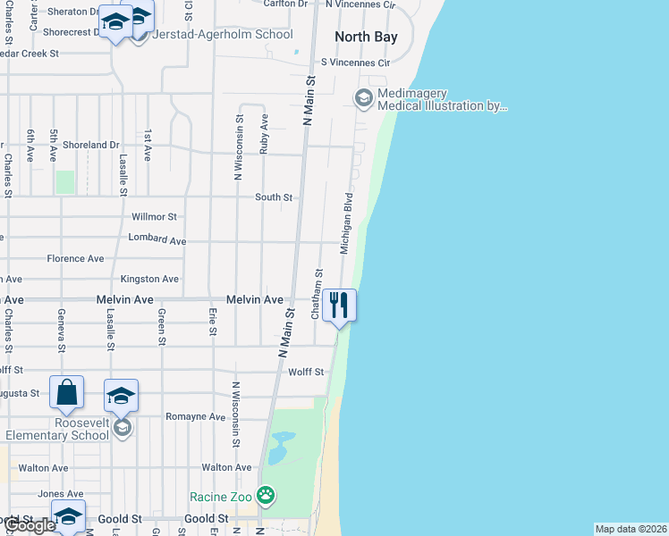 map of restaurants, bars, coffee shops, grocery stores, and more near 3012 Michigan Boulevard in Racine