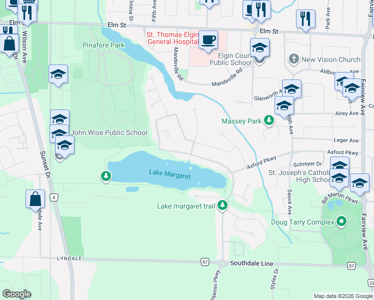map of restaurants, bars, coffee shops, grocery stores, and more near 167 Lake Margaret Trail in St. Thomas