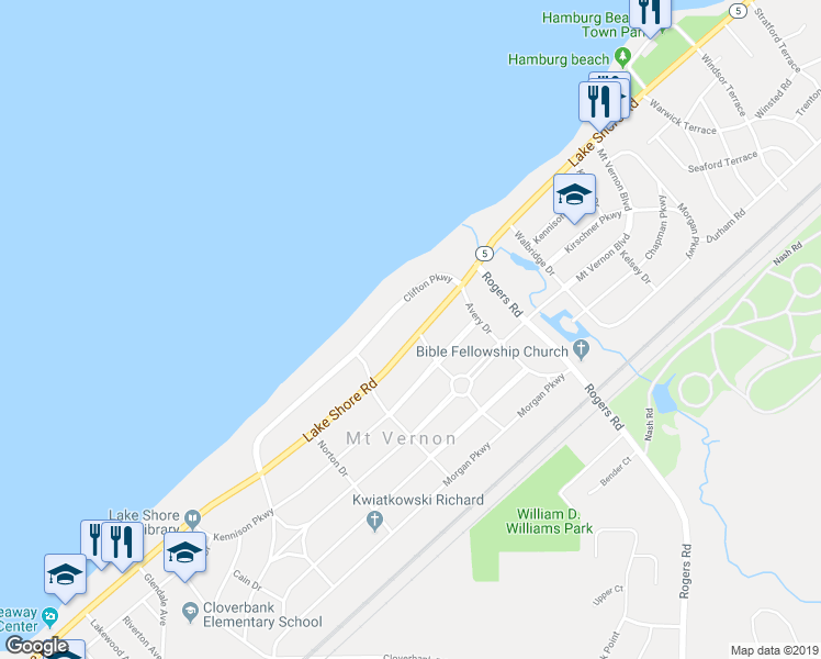 map of restaurants, bars, coffee shops, grocery stores, and more near 4658 Lakeshore Road in Hamburg