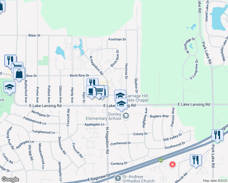 map of restaurants, bars, coffee shops, grocery stores, and more near 6080 Carriage Hill Drive in East Lansing