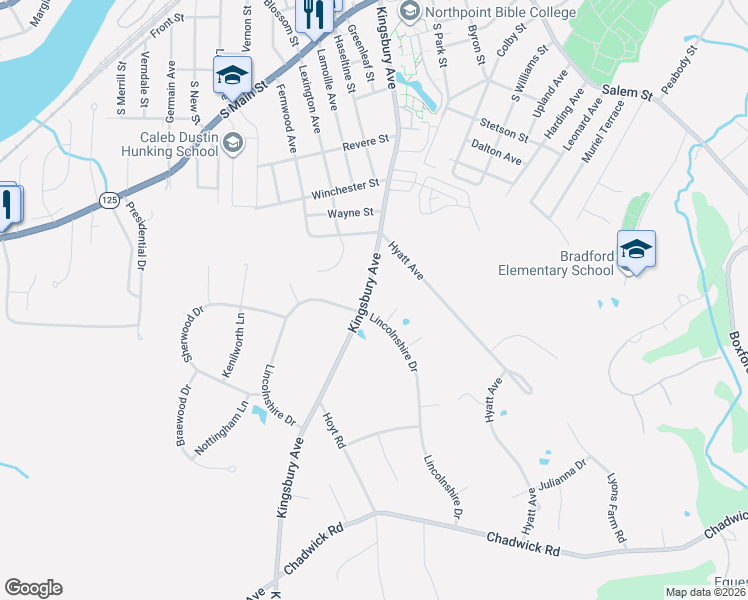 map of restaurants, bars, coffee shops, grocery stores, and more near 45 Lincolnshire Drive in Haverhill