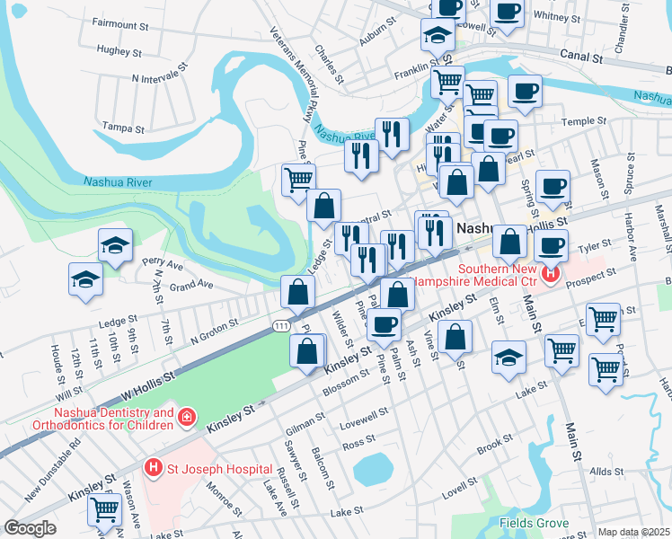 map of restaurants, bars, coffee shops, grocery stores, and more near 85 1/2 West Hollis Street in Nashua