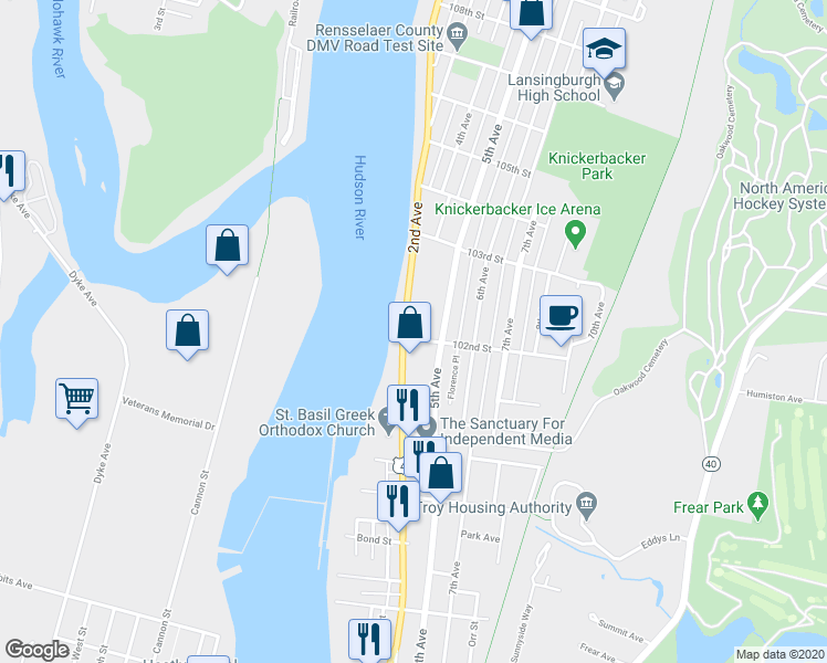 map of restaurants, bars, coffee shops, grocery stores, and more near 99 5th Avenue in Troy