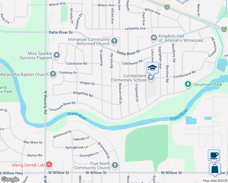 map of restaurants, bars, coffee shops, grocery stores, and more near 2031 Beacon Hill Drive in Lansing