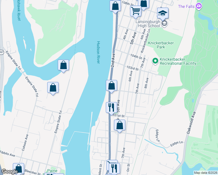 map of restaurants, bars, coffee shops, grocery stores, and more near 107 2nd Avenue in Troy